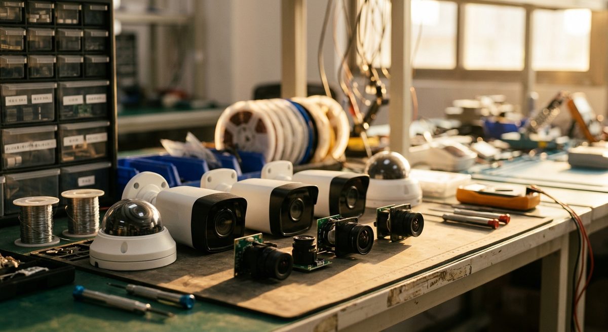 Visiting Dash Camera Factories in China: A Buyer’s Field Guide - Security camera housings and lens modules on an electronics bench
