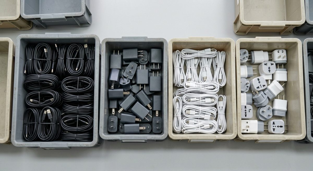 The Faults That Sink USB Cable and Charger Imports from China - Coiled charging cables and moulded plug adapters sorted in bins