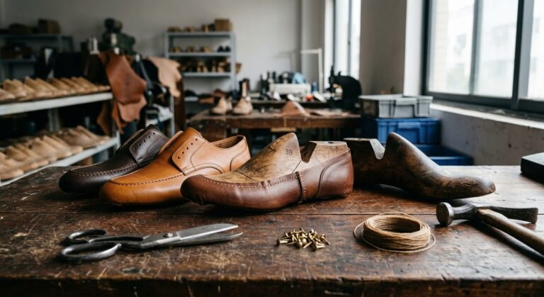 Inside a Footwear Factory Visit: Checking Sneaker Suppliers in Person - Shoe lasts and stitched uppers arranged on a cobbler bench