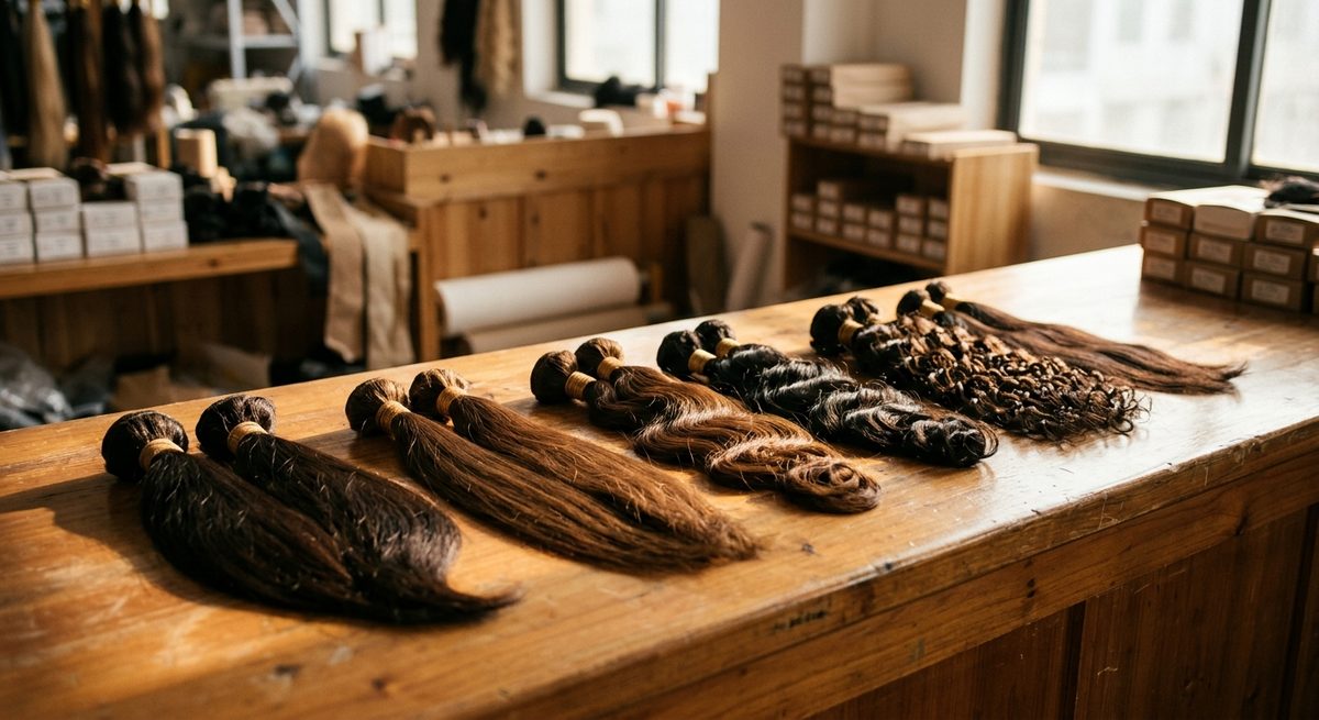 Hair Extensions From China: The Tests Worth Running First - Bundles of hair extension wefts laid out on a salon counter