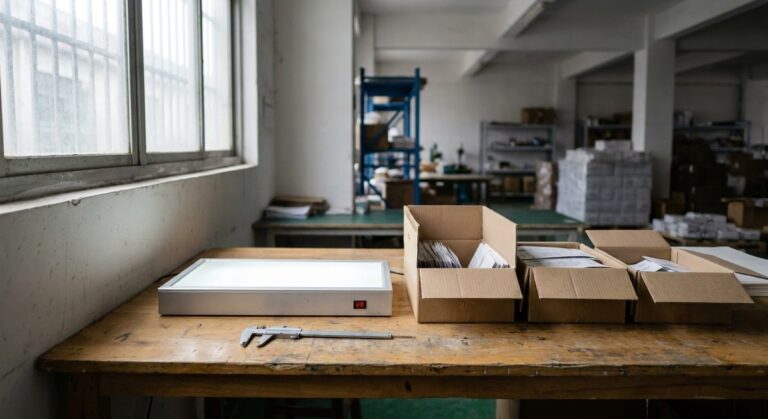 AQL Explained: Sampling Plans for Pre-Shipment Inspections - Inspection bench with calipers, a light box and sample cartons opened for checking