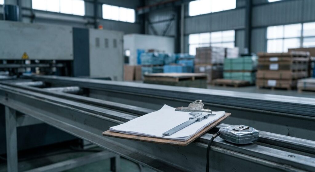 Factory Audit Checklist: - A clipboard and measuring tools resting on a factory production line rail