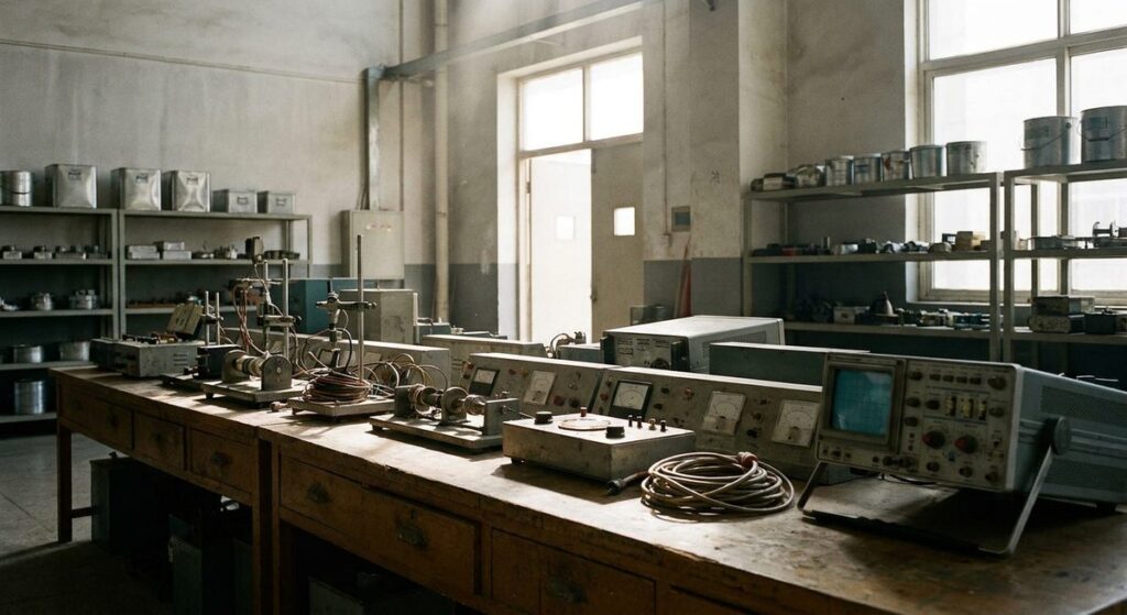 Lab Testing 101: CE, UKCA, FCC, RoHS & REACH - Laboratory bench with test rigs, cables and instrument dials