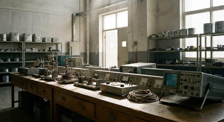Lab Testing 101: CE, UKCA, FCC, RoHS & REACH - Laboratory bench with test rigs, cables and instrument dials