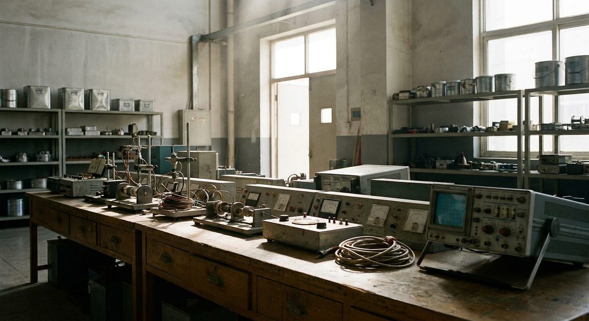 Lab Testing 101: CE, UKCA, FCC, RoHS & REACH - Laboratory bench with test rigs, cables and instrument dials