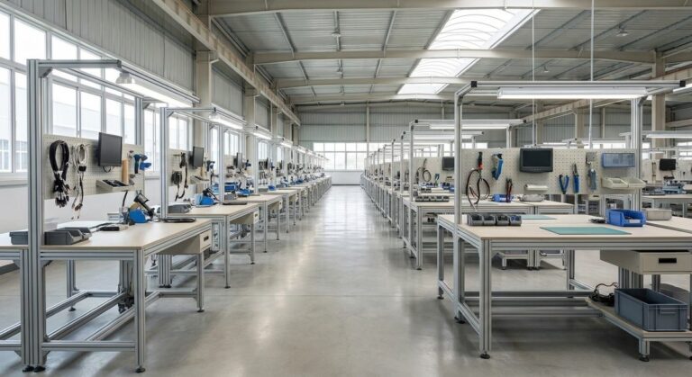 Why Work with a Sourcing Agent in Guangzhou? - A long production line of workbenches in a bright modern factory