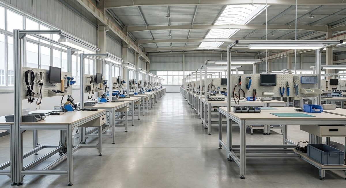 Why Work with a Sourcing Agent in Guangzhou? - A long production line of workbenches in a bright modern factory