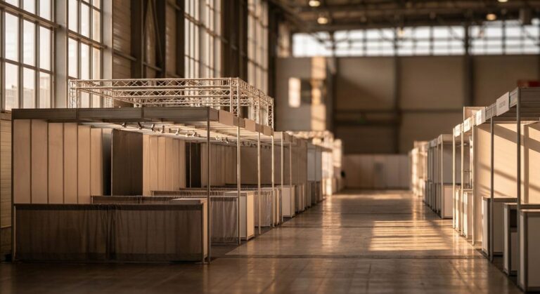 What is the Canton Fair in Guangzhou - Wide exhibition hall aisle with modular booth structures and lighting rigs