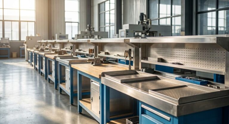 Finding a Manufacturer in Guangzhou with Private VIP Help - A long production line of workbenches in a bright modern factory
