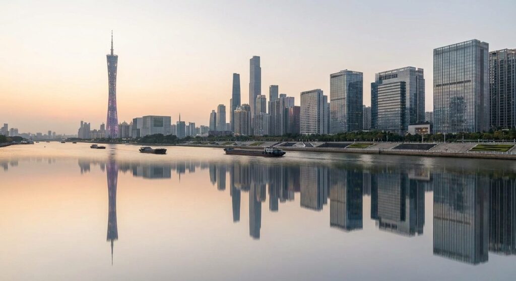 Top 10 Popular Markets in Guangzhou for Visitors (with addresses) - The Guangzhou skyline over the Pearl River at dusk with the tower lit