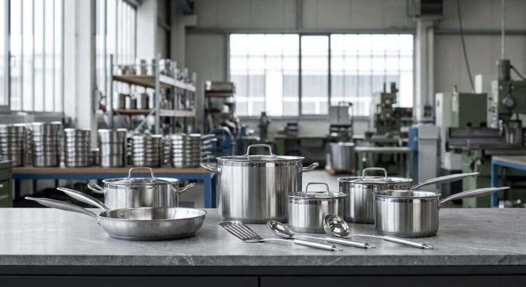 Sourcing Home & Kitchen Products from Guangzhou, China - Stainless steel cookware and utensils arranged on a stone counter