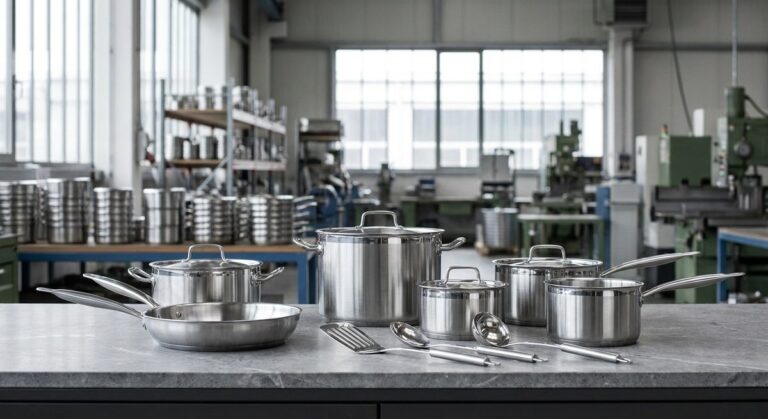 Sourcing Home & Kitchen Products from Guangzhou, China - Stainless steel cookware and utensils arranged on a stone counter