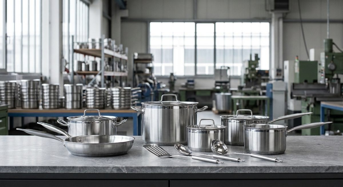 Sourcing Home & Kitchen Products from Guangzhou, China - Stainless steel cookware and utensils arranged on a stone counter