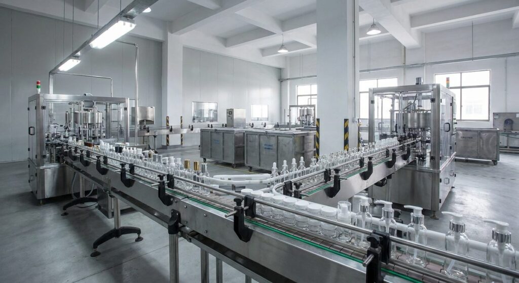 Ordering Beauty & Personal Care Products from Guangzhou - Empty cosmetic bottles, jars and pumps arranged on a white filling line
