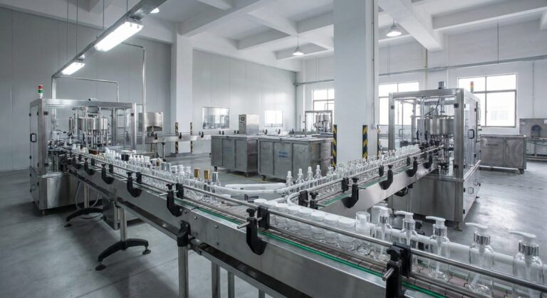Ordering Beauty & Personal Care Products from Guangzhou - Empty cosmetic bottles, jars and pumps arranged on a white filling line