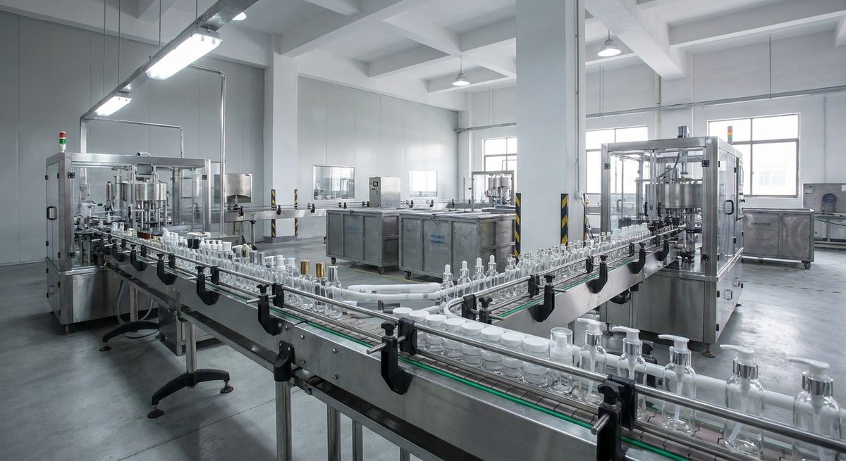 Ordering Beauty & Personal Care Products from Guangzhou - Empty cosmetic bottles, jars and pumps arranged on a white filling line