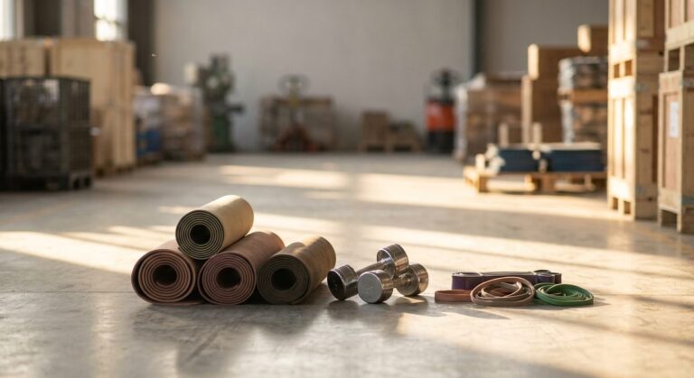 Ordering Sports & Outdoors Products from Guangzhou Manufacturers - Rolled yoga mats, dumbbells and resistance bands on a gym floor