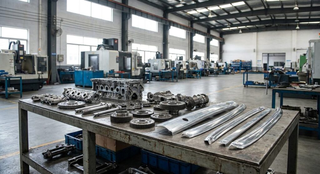 How to Source Automotive & Tools from Guangzhou, China - Machined automotive parts and trim pieces laid out on a steel bench