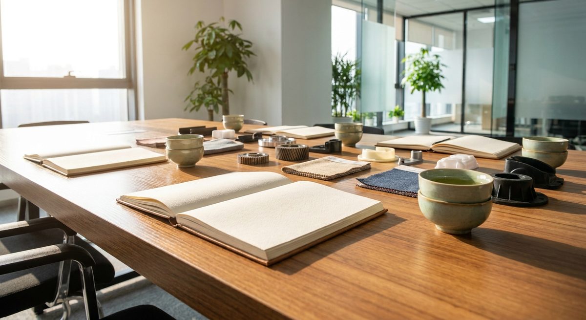 What a China Agent Actually Does for a Wholesale Buyer - A meeting table with product samples, notebooks and tea cups in a bright office