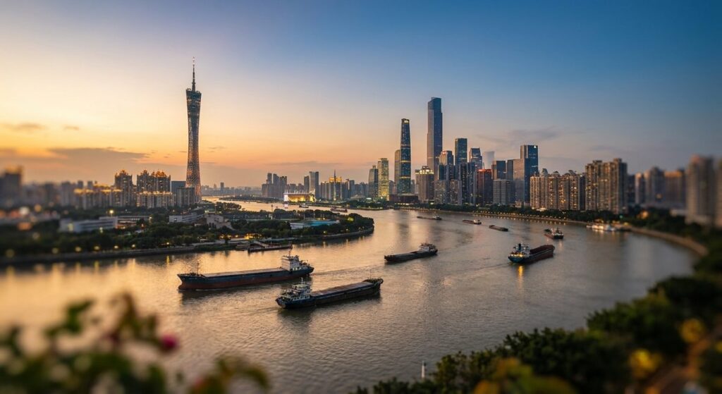 Help in Guangzhou: What Foreign Buyers Need on the Ground - The Guangzhou skyline over the Pearl River at dusk with the tower lit