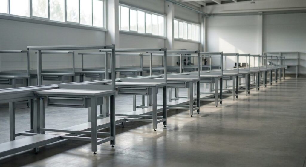 China Sourcing Agent or Doing It Yourself: Where Orders Slip - A long production line of workbenches in a bright modern factory