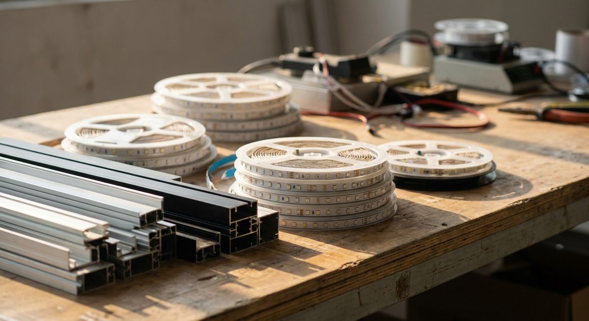 From Spec Sheet to Shipment: An LED Strip Light Order in China - Coiled LED strip reels and aluminium channel profiles on a workbench