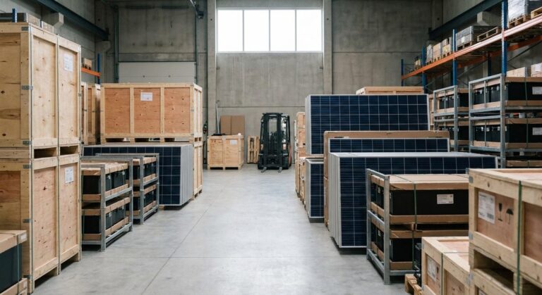 Solar Street Light Orders: Samples, MOQ and Payment Terms - Solar panel sections and battery modules stacked in a warehouse bay