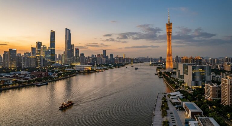 Visiting TV Bracket Factories in China: A Buyer’s Floor Checklist - The Guangzhou skyline over the Pearl River at dusk with the tower lit