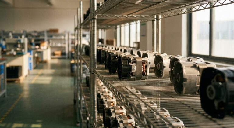 Test Reports and Paperwork for Kitchen Appliance Imports - Small appliance housings and motor units lined up on a production rack